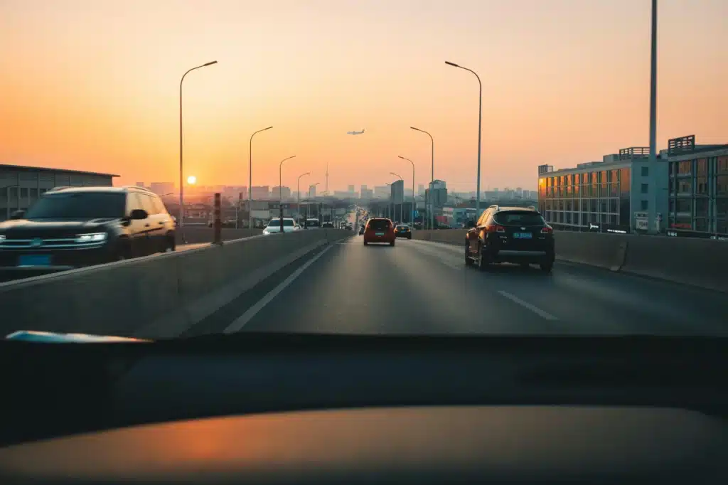 A driver's perspective looking out the windshield of a car on a highway in Calgary.